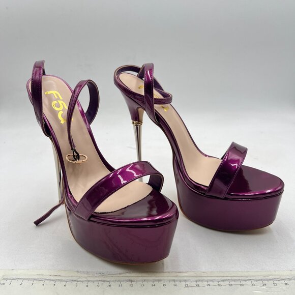 FSJ Purple Strappy Open Toe Platform Sandals Ankle Strap High Metallic Heel Shoe - Picture 4 of 8